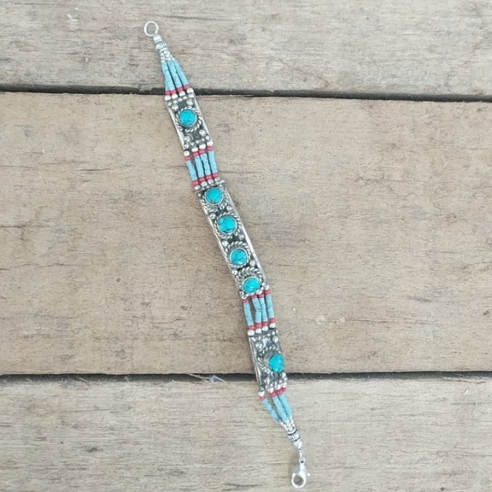 Antique Tibetan Bracelet, Turquoise & Coral, Tribal Silver